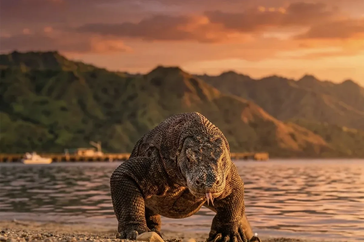 A Komodo dragon standing on open ground with hills behind