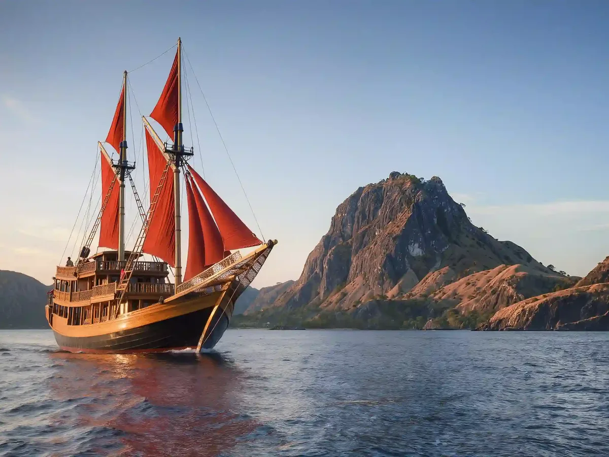 A traditional phinisi with red sails under way past a rocky island